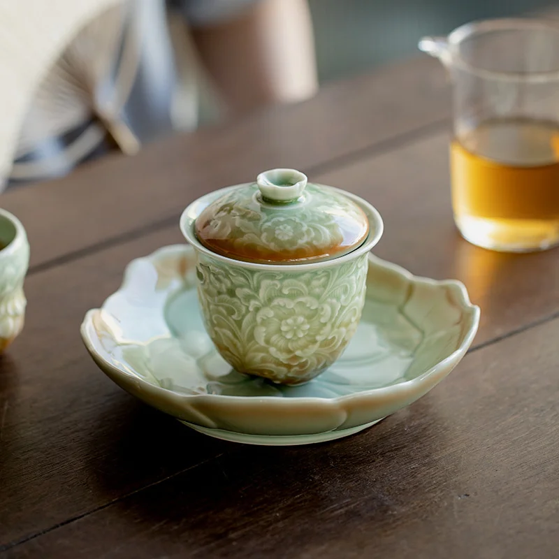 Retro Gradient Blue Carved Flower Sitting Lotus Pot Bearing Plate Ceramic Dry Brewing Table Tea Tray Refreshment Dry Fruit Plate