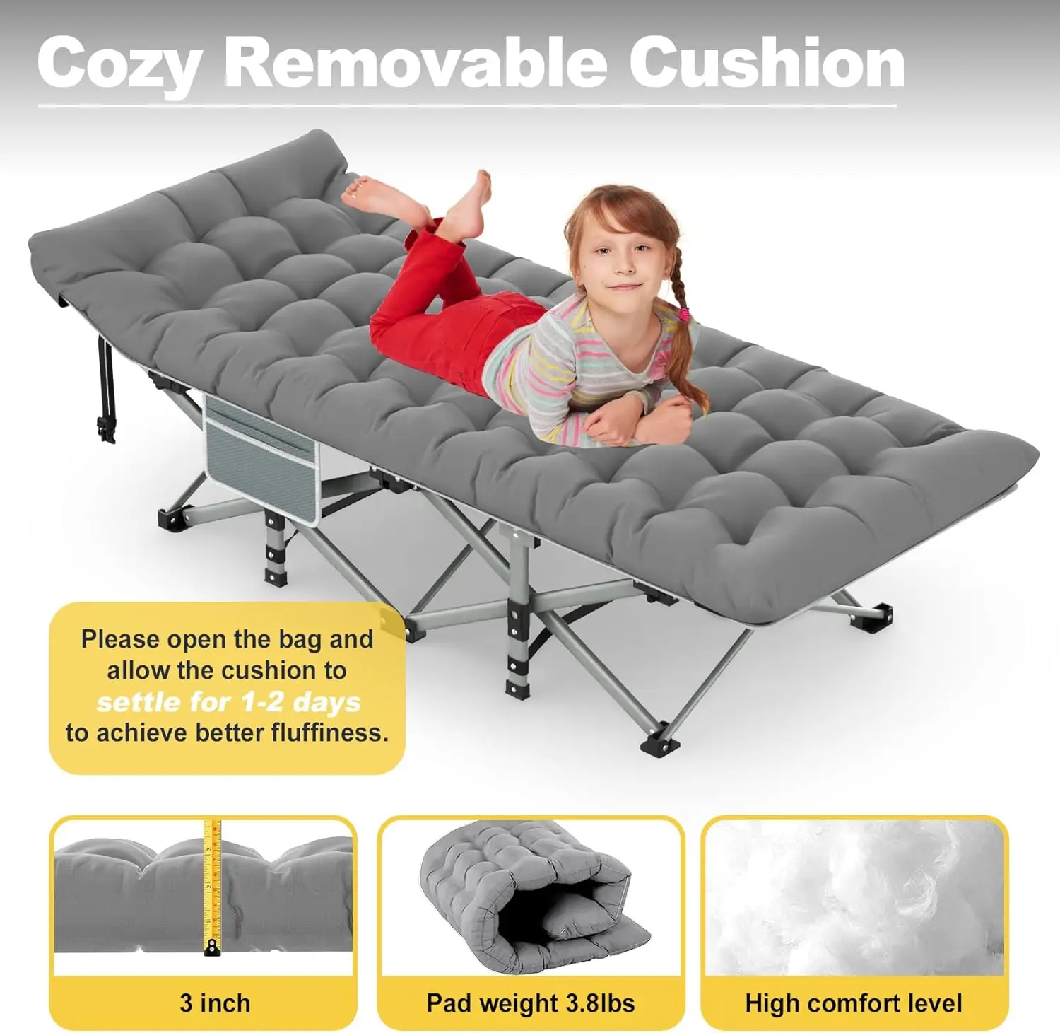 Camping Cot, Folding Camping Cots for Adults, Portable Sleeping Cot with Carry Bag, Charcoal Grey image 5