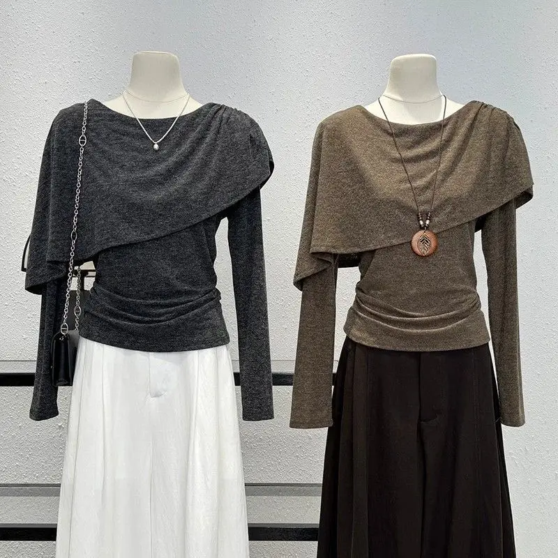 Korean Design Sensation Slim Fit Long Sleeve T-Shirt Women's Autumn New Style Pleated Fake Two-Piece Charming Top