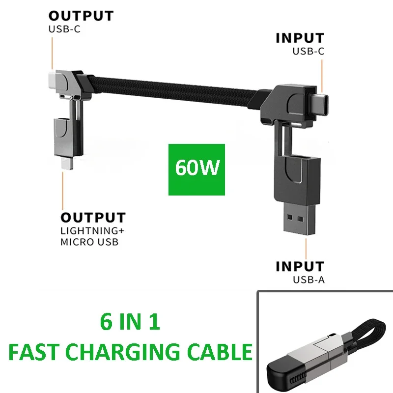 6 In 1 Multi Fast Charging Cable Keychain Pd for Apple Iphone 27W Andriod Type-C 60W Qc 18W Fast Charging Data Cable for Huawei