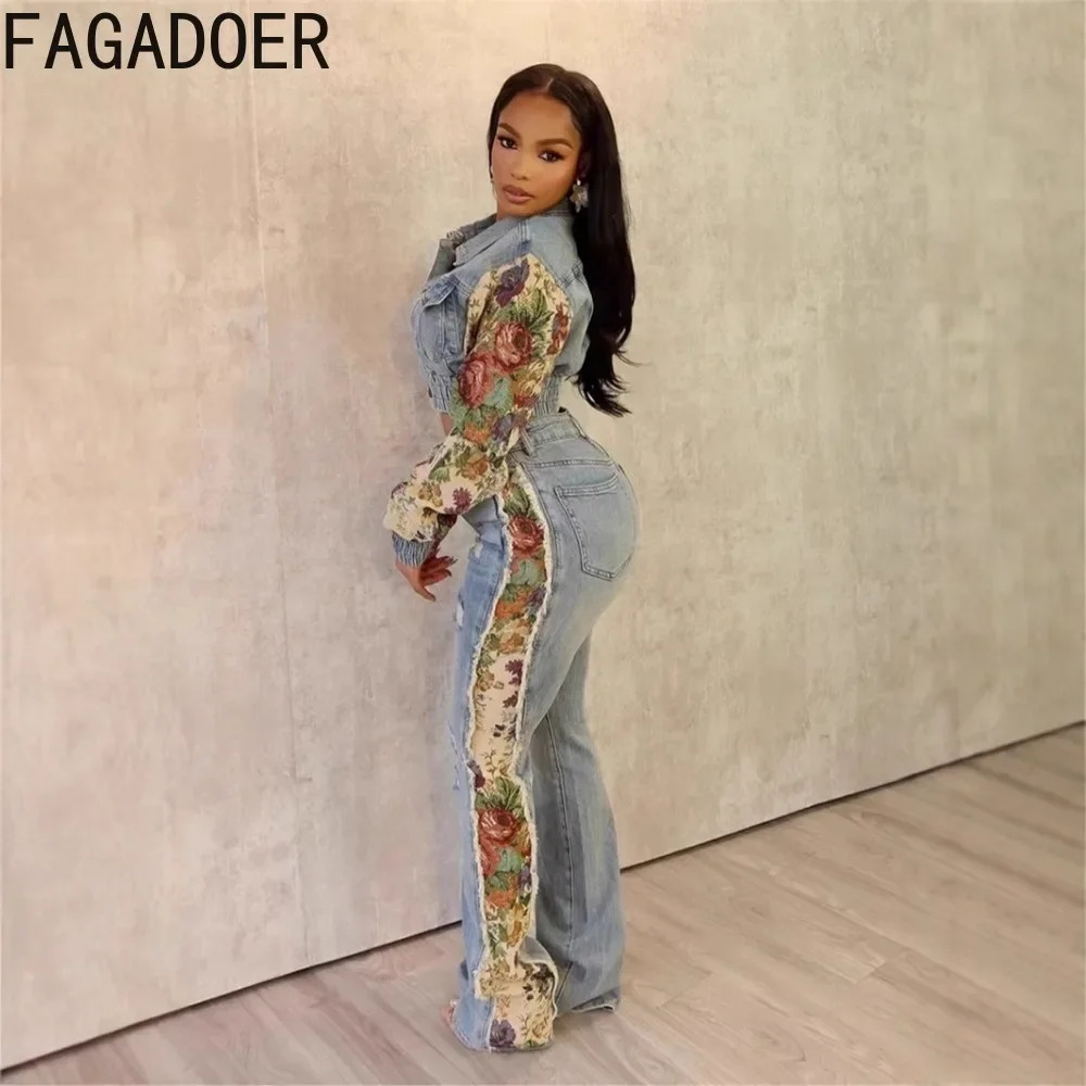 FAGADOER Women 2 Piece Set Outfit Fashion Pocket Ruched Print Patchwork Denim Crop Jacket + High Waist Stretchy Jeans Streetwear