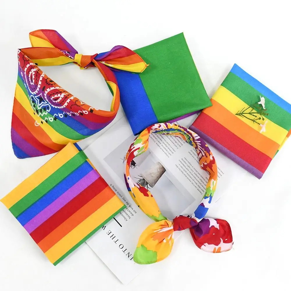 Trendy Pride Festival Pocket Square Scarf Rainbow Colorful Bandana Neck Tie Gay Parade Wristband Headband