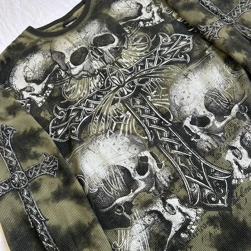 Gothic Skull Print T-shirt met lange mouwen voor dames herfst y2k Fairy Grunge kleding streetwear