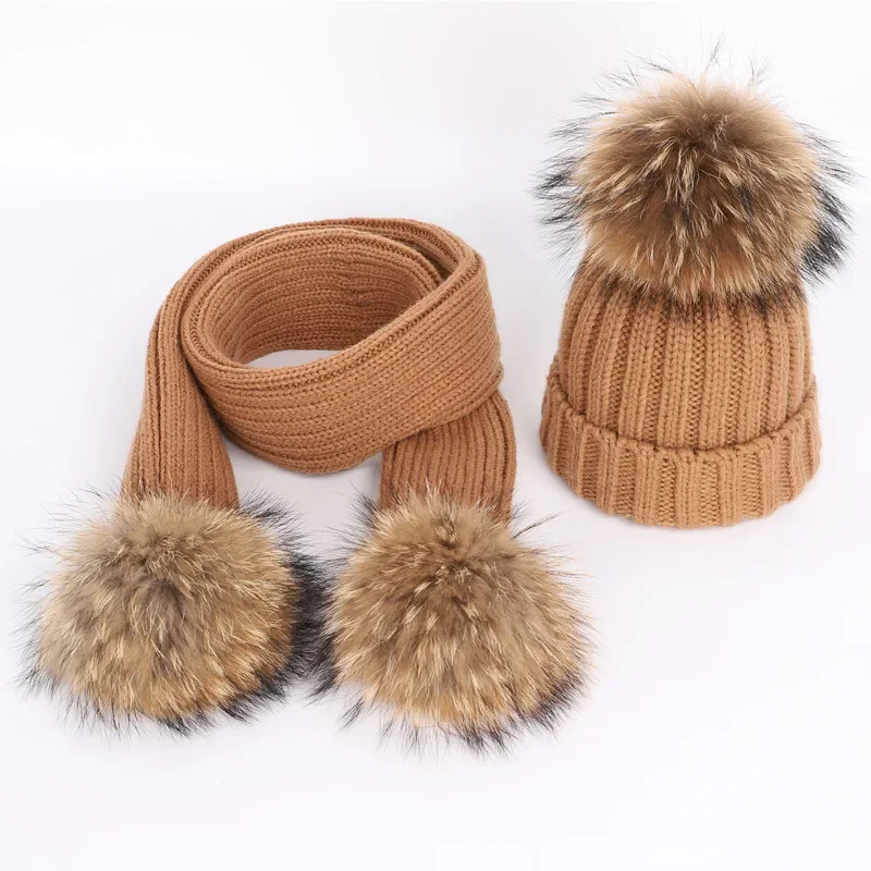 Boys and Girls Real Raccoon Fur Hat Set Winter Beanie Warm Knitted Bobble Nature Fur Pompom Children Hat and Scarf Suit,#5719