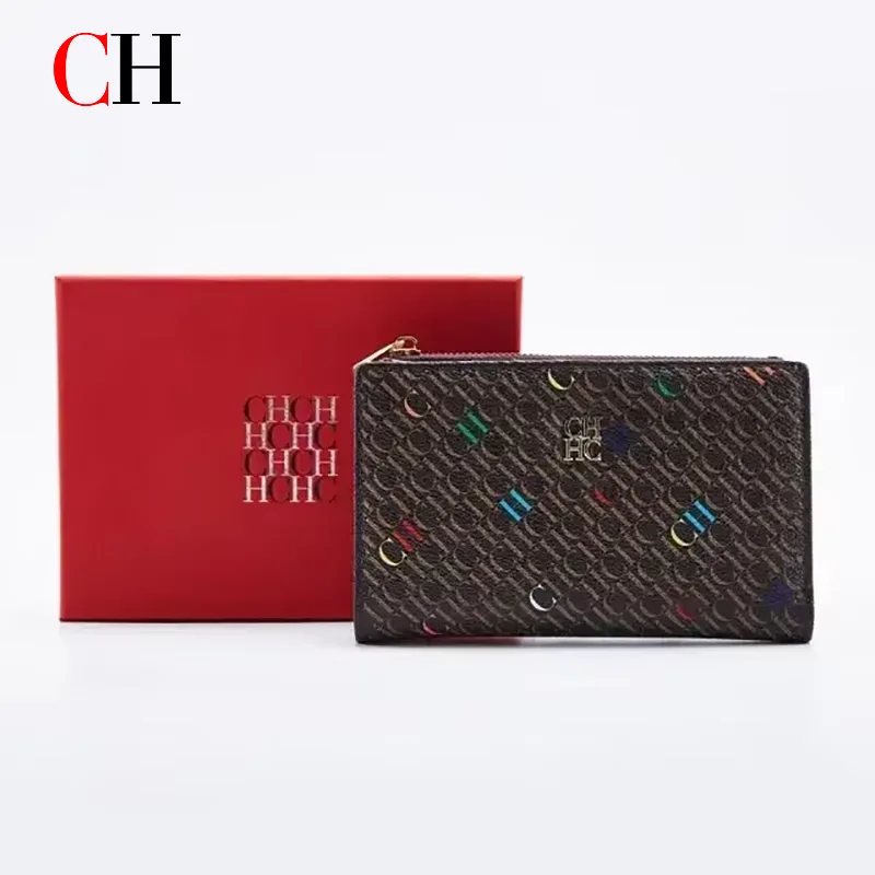 CH Premium Womens Short Wallet Cartoon Bear Pattern Gold Logo Zipper Pocket Compact Multi Card Slots Daily Use Gift Box Purse