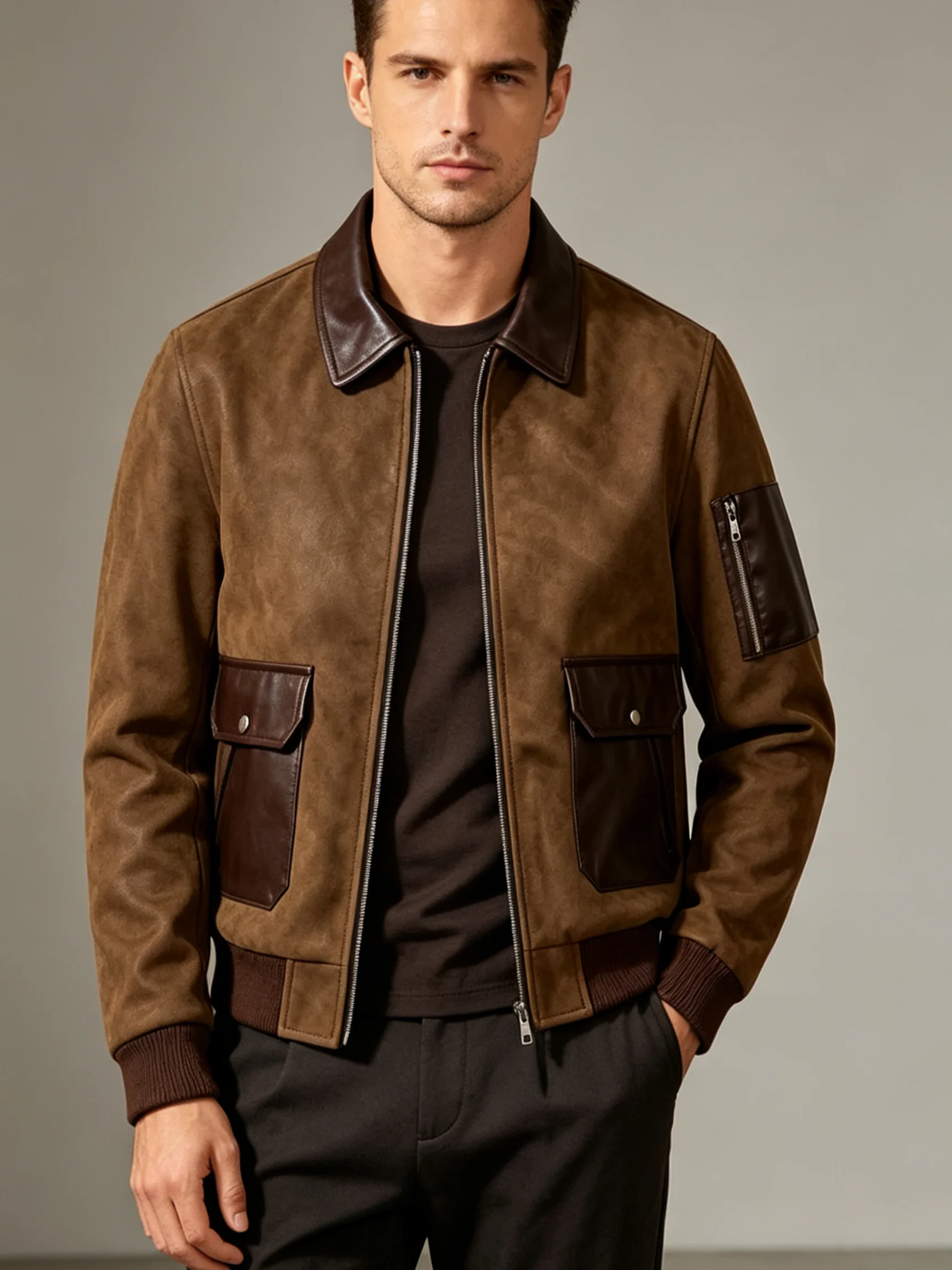Men Suede Leather Patchwork Rib Collar Bomber Jacket Full Zip Snap Pocket Retro Casual Coat