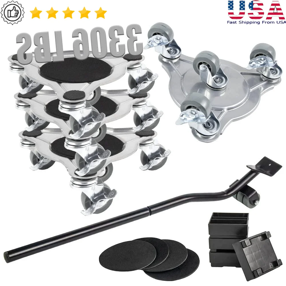 Furniture Lifter Tool Set Furniture Moving Dolly Sliders 3306LBS 1500KG Rubber Wheels Anti-Dropping Design Stainless Steel Pry