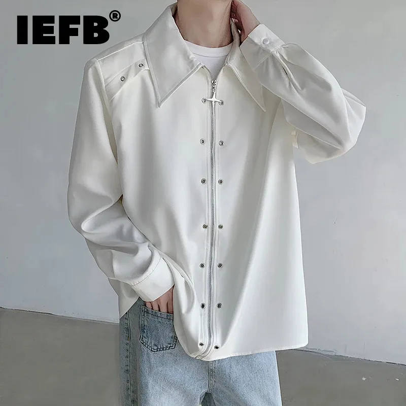 

IEFB 2024 New Men's Shirt Metal Design Shoulder Pads Long Sleeve Lapel Clothing Zipper Opening Fashion Versatile Male Top 9C5877