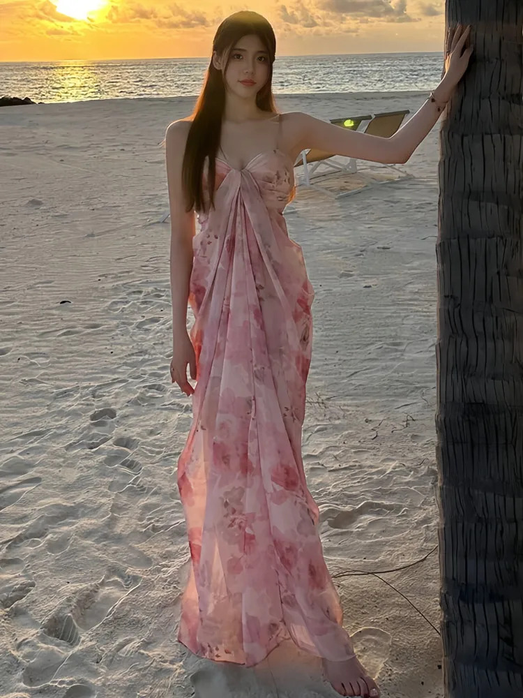 

Elegant Beach Vacation Long Dress Women's Summer 2026 New Style Beautiful Sunset Strapless Gown Korean Loose Fit A-Line Skirt