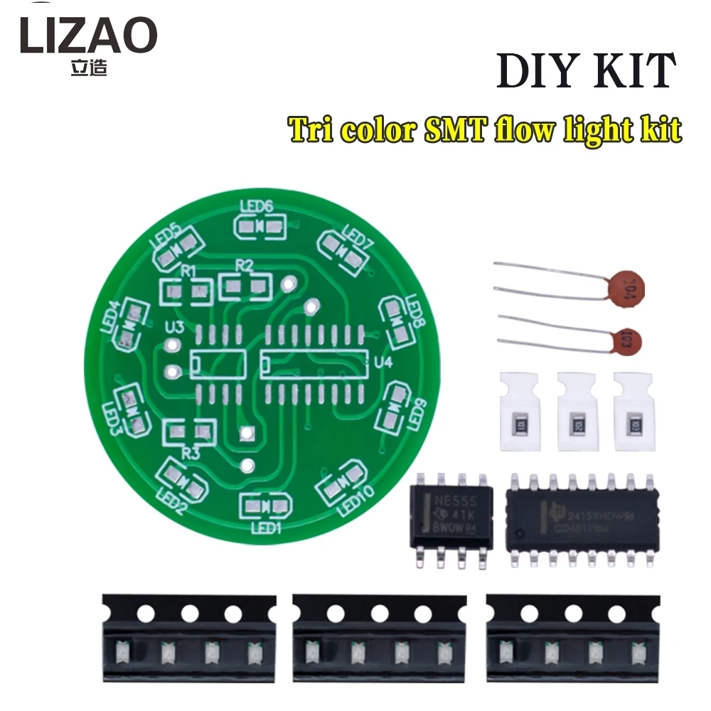 NE555+CD4017 Tri-Color SMT Flow Light DIY Kit, Electronic Soldering Training Parts for STEM Education and Hobby Projects
