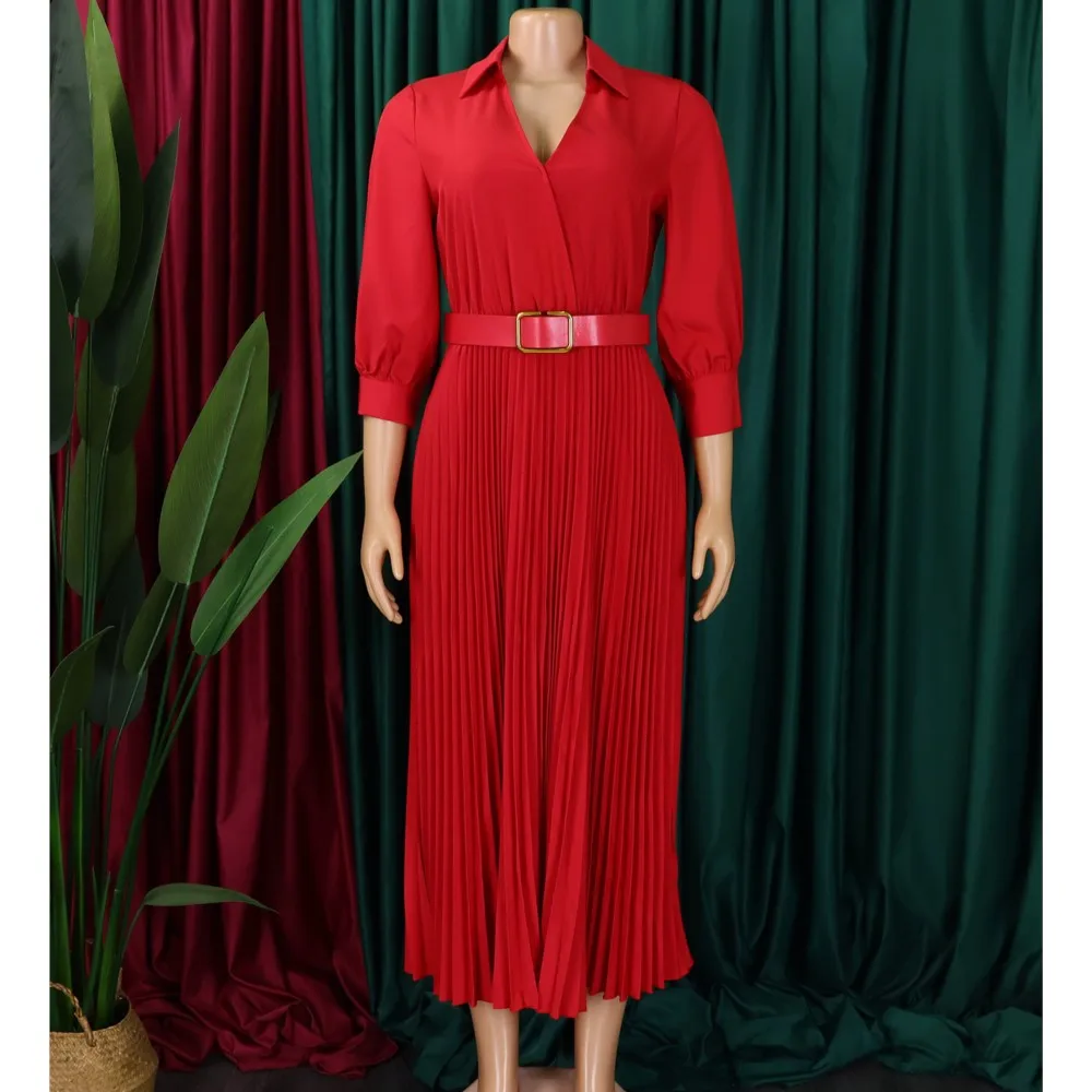 Women's V-neck Long Sleeved Elegant Big Swing Dress 2024 Autumn New Fashion Solid Color Pleated Dress With Belt Vestidos Mujer