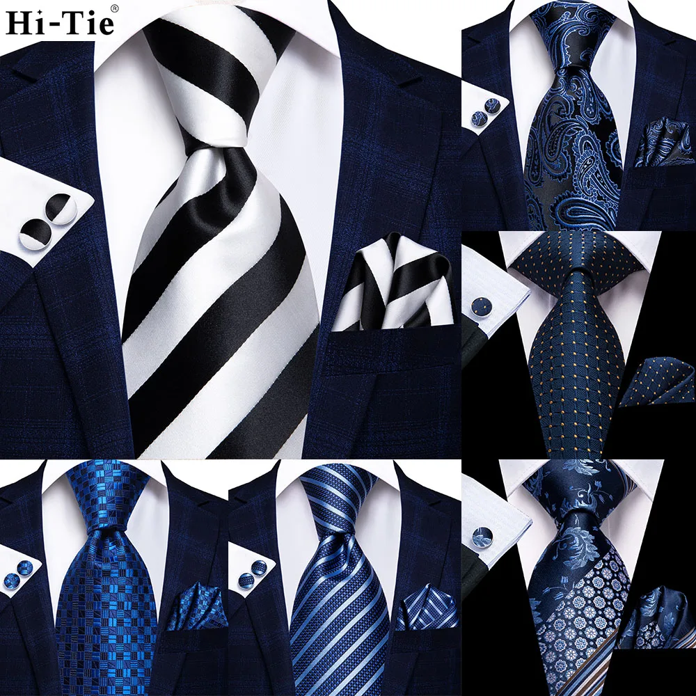 Hi-Tie White Striped 63inch Silk Men Extra Long Ties for Men Woven Classic 160cm Mens Necktie Pocket Square Set Cufflinks