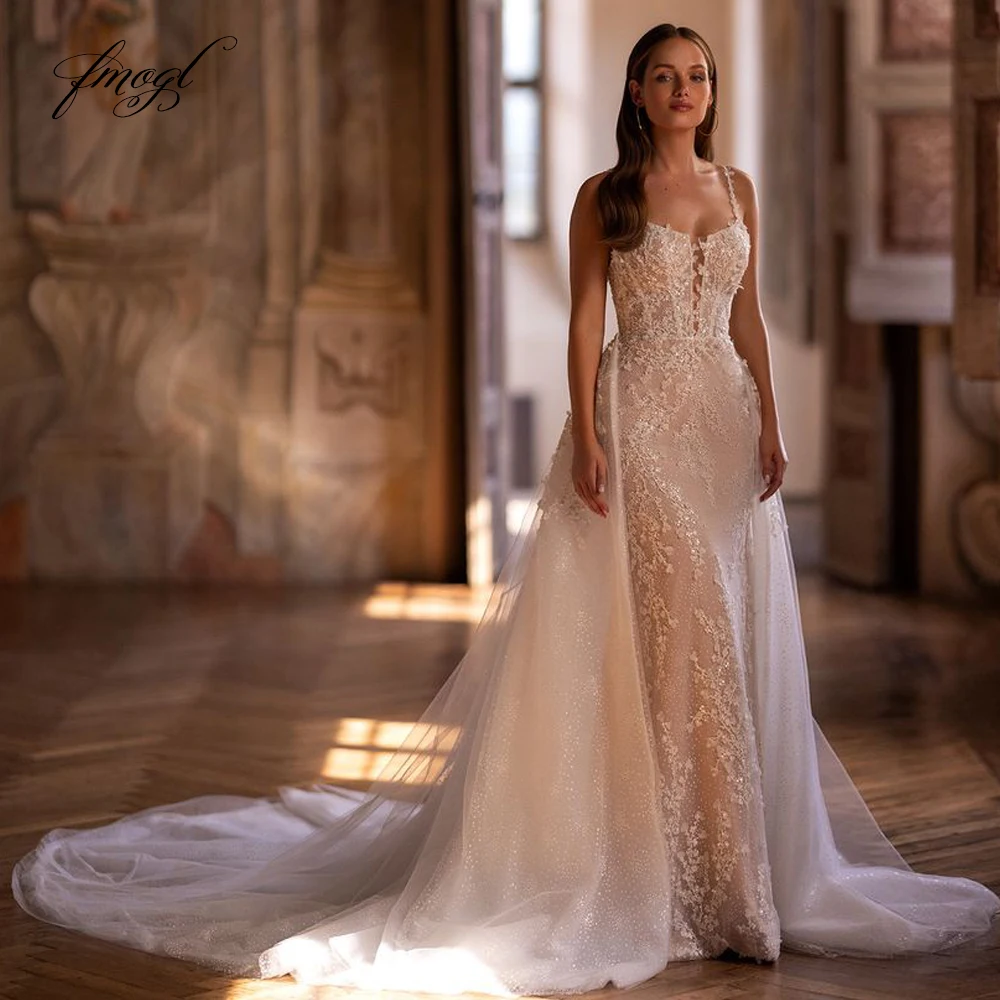 

Fmogl Elegant Sweetheart Detachable Train Lace Mermaid Wedding Dresses Spaghetti Straps Appliques Beaded Trumpet Bridal Gown
