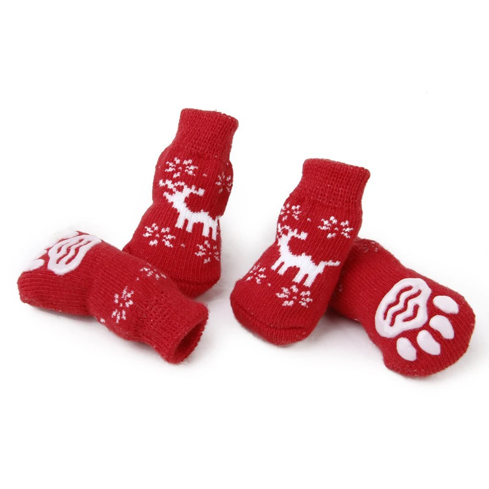 4Pcs Pet Cotton Socks Christmas Reindeer Design Non-Slip Red Soiled Feet Easy Carry Christams Pet Socks