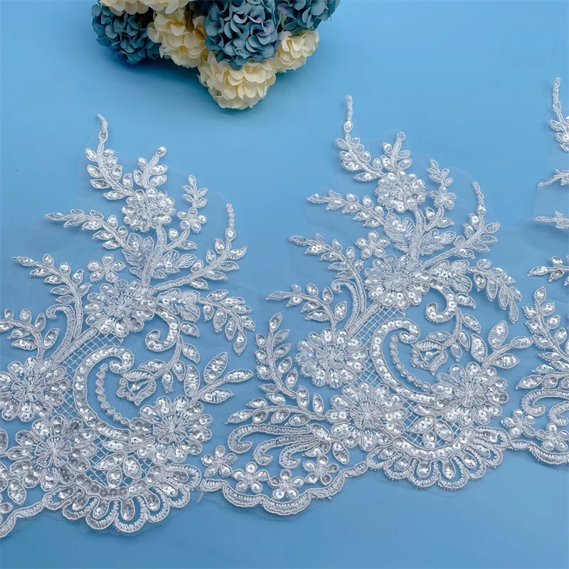 10Yards 25cm wide Sequins Ivory Thread Cording Lace Embroidery Lace Dress Home Textile Sequin Triming Dance Clothes DIY Materail