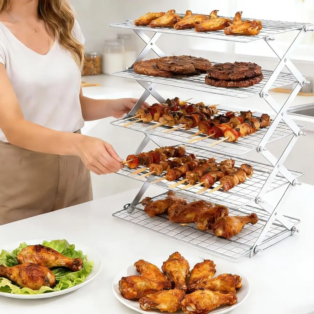 4/5 Tier Collapsible Baking Cooling Rack Adjustable Height Space-Saving Baking Drying Rack High Load-bearing Grid Mesh