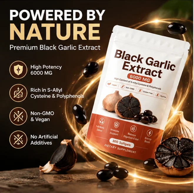 Black Garlic Extract Softgels 6000mg,Rich S‑Allyl Cysteine & Polyphenols,Vegan Non‑GMO,300 Softgels