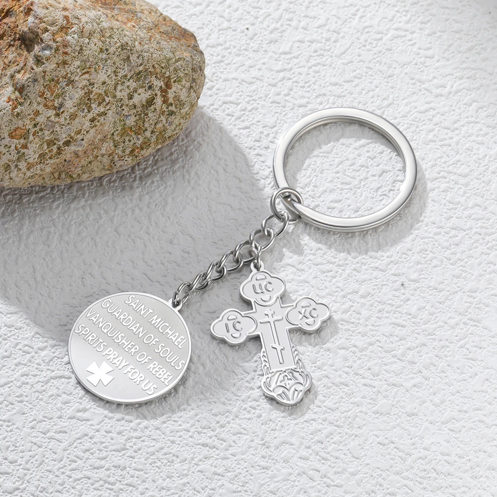 Dawapara Orthodoxes Kreuz und Heiliger Michael Anhänger Schlüsselanhänger Religiöses Gebet Erzengel Christlicher Talisman Edelstahl Schlüsselring – Detail 14