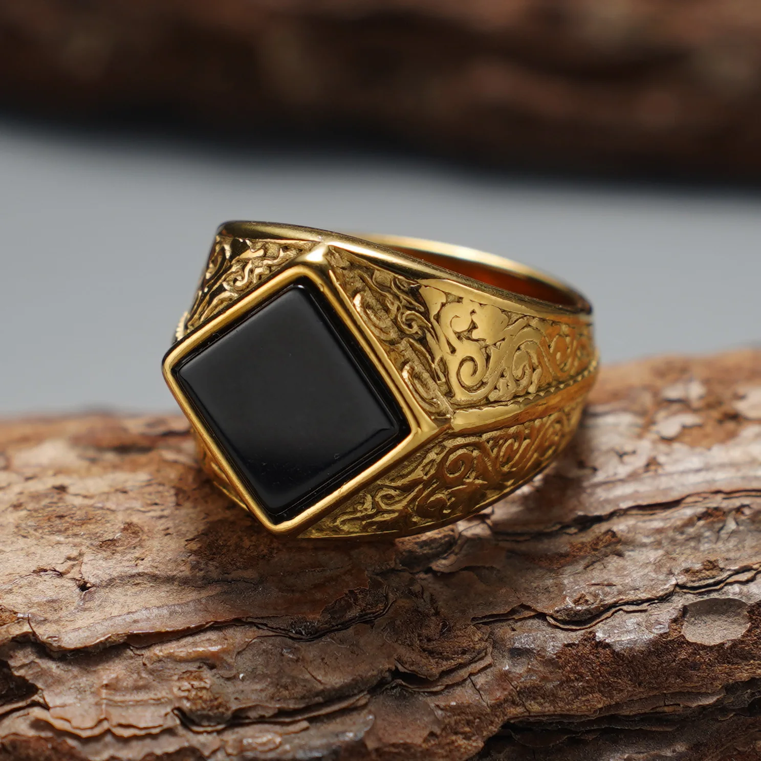 Vintage Gravierter Rhombus-Achat Herrenring, 316L Edelstahl Trendiger Statement-Schmuck – Detail 1
