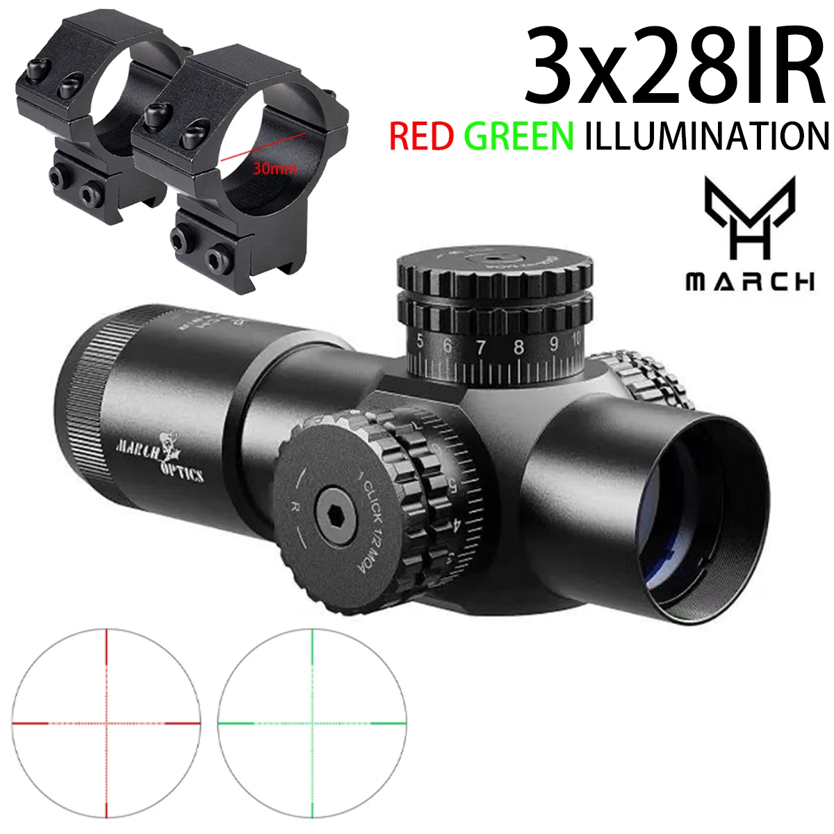 March HT 3X28IR Compact Prism Scope 3X Fixed Magnification Tactical Rifle Scope Red Green Illuminated Reticle for 20mm Rail