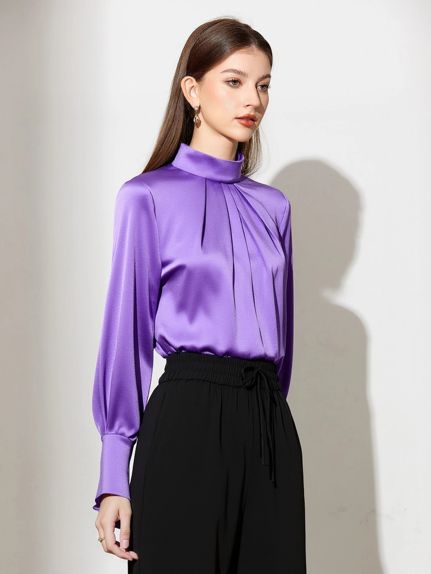 

Elegant Silk Shirt Women's Long Sleeve Stand Collar Pleated Loose Fit Breathable Comfortable Spring New Arrival by Make Magic