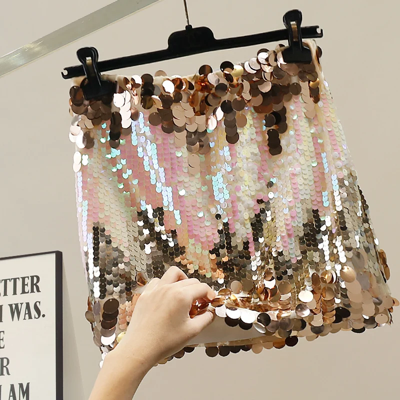 

Модная женская юбка с высокой талией, украшенная пайетками, приталенная, А-силуэта, сексуальный дизайн, повседневная одежда, трендовый стиль