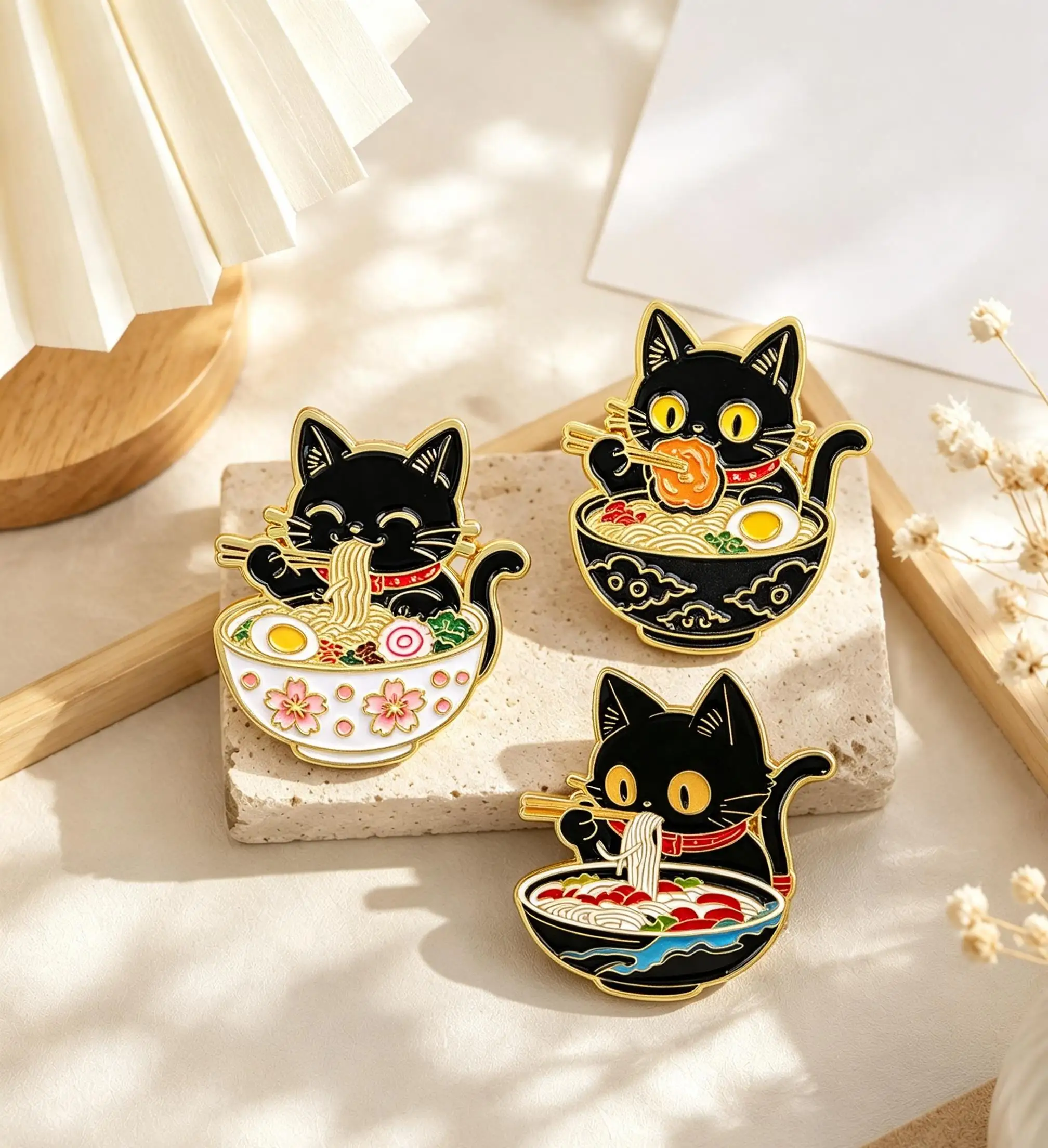 3pcs Cartoon Black Cat Eating Ramen Enamel Pin Japanese Style Animal Brooch For Coat Collar Lapel Pins Metal Badges Jewelry Gift