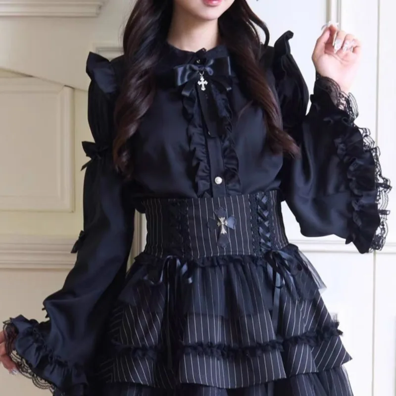 Lolita Y2K Blouse Shirt Gothic Japanese Top Bow Long Sleeve Lace Cross Pendant Cosplay Maid, Costume Women Girls Black Top New