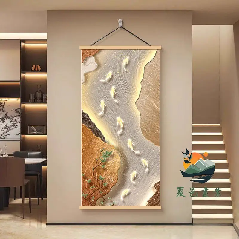 Wall Art Aesthetic Room Decor Hanging Scroll Light Luxury Nine Fish Scroll for Entryway Living Room Corridor Minimalist Home