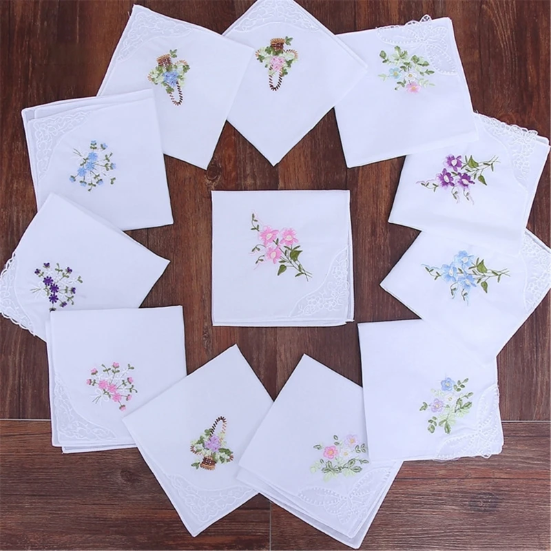 10lots White Tháng thêu chiếc khăn tay Handkerchief Light Trọng lượng tái sử dụng Handkerchief Y166