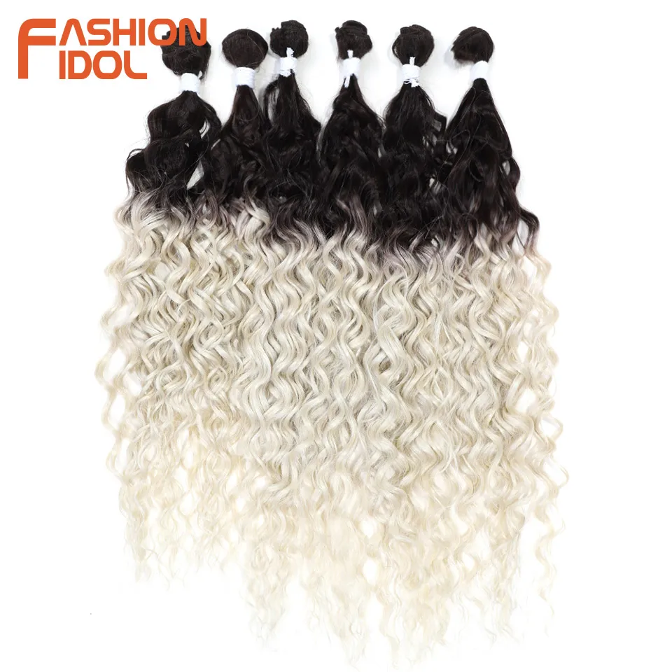 FASHION IDOL Afro Kinky Curly Hair Bundles Synthetic Hair Extensions 24-28inch 6Pcs/Lot Ombre Blonde Fake Hair Weaves For Women