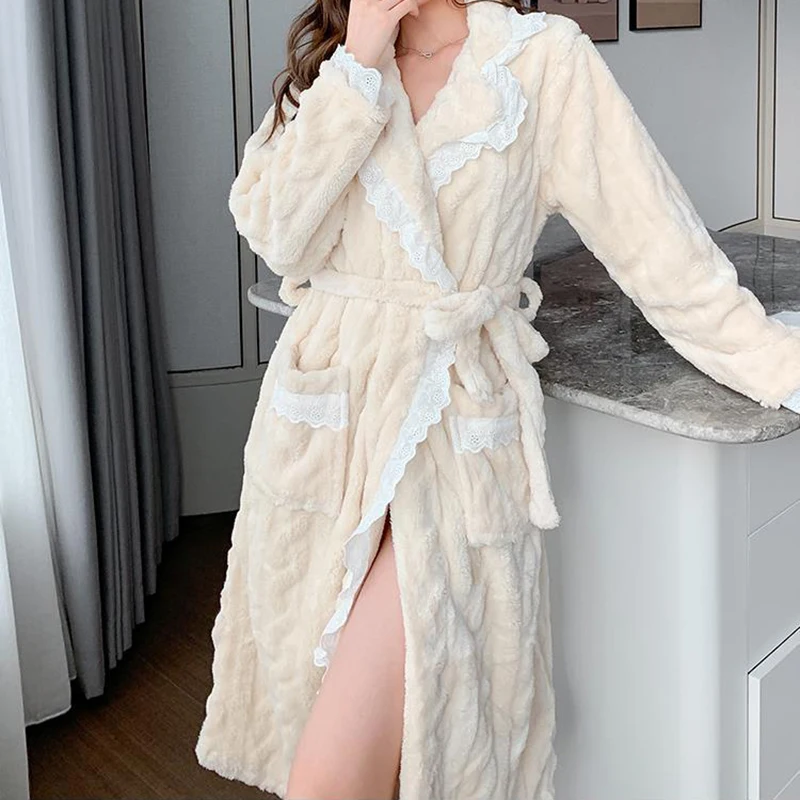 Winter Flannel Women Kimono Bathrobe Gown Sleepwear Thick Warm Coral Fleece Nightgown Nightwear Sweet Lace Trim Home Dress