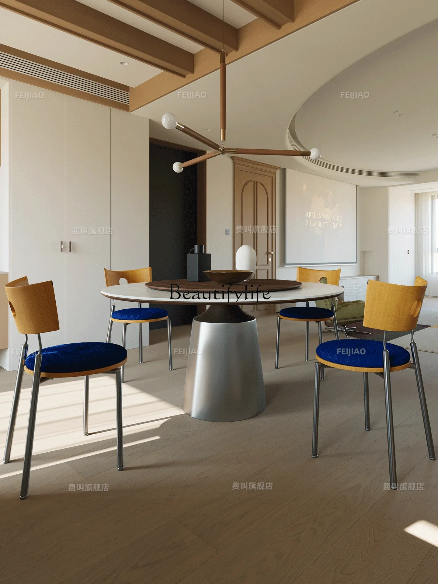 

yj32 Slate round dining table Modern simple home with turntable Premium sense