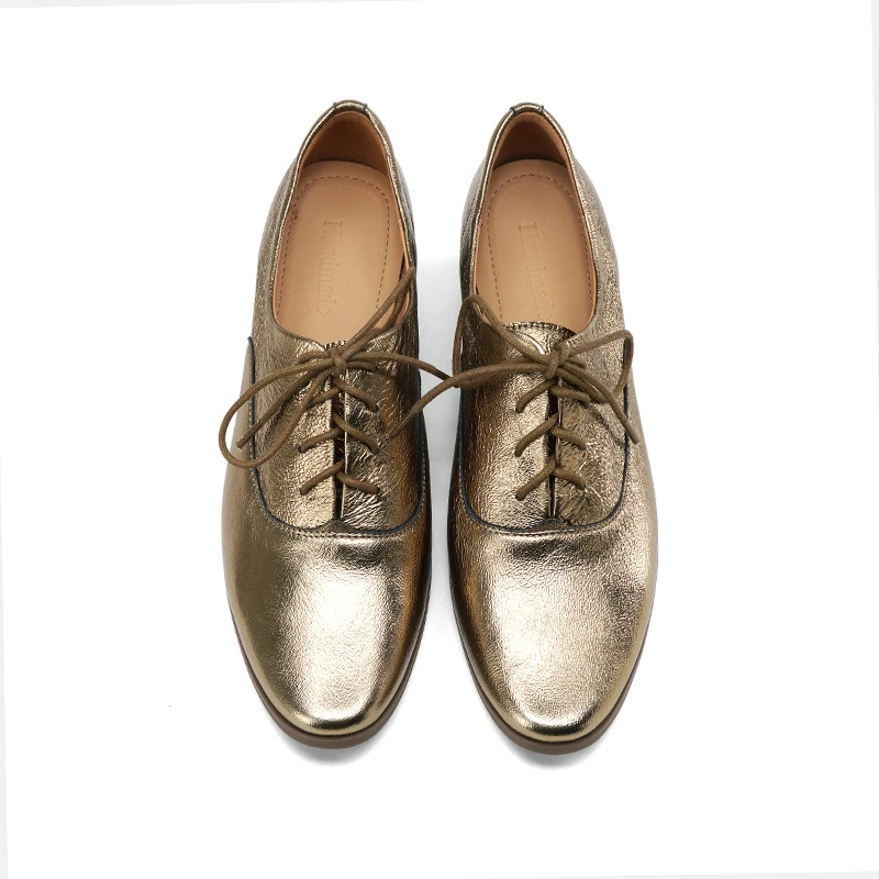Woman Shoes Sheepskin Spring Simple Shoes Chuny Heel Basic Shoes Round Toe Genuine Leather Golden Black Ladies Shoes