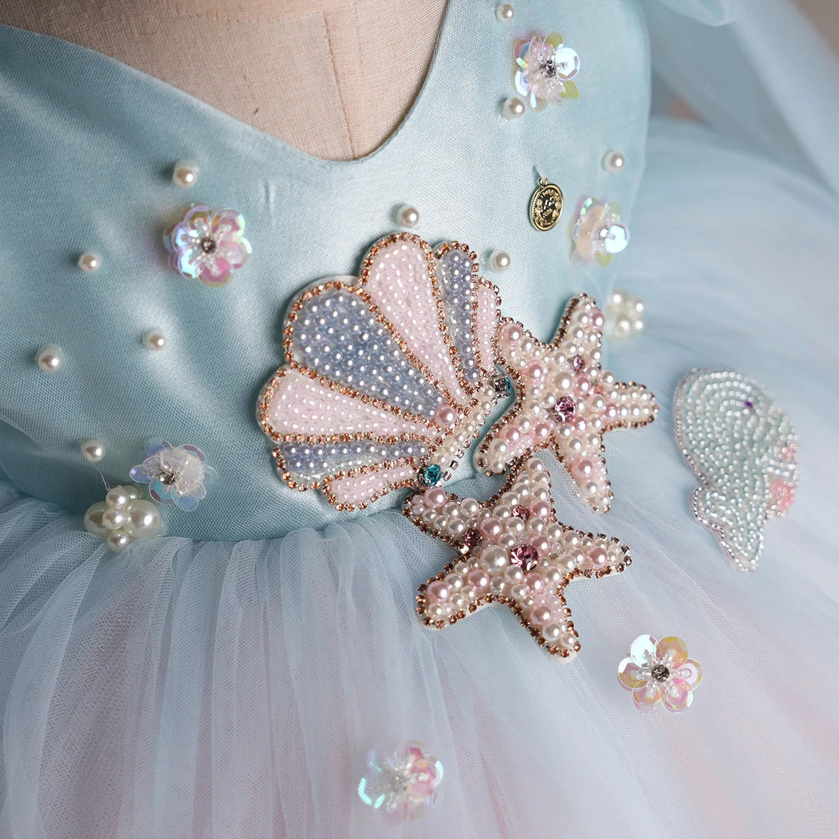 Flower Girls Dress Ocean Shell Pearl Kids Dress - Pastel Tulle Formal Holiday Birthday Party Princess Gown Photo Shoot Clothes