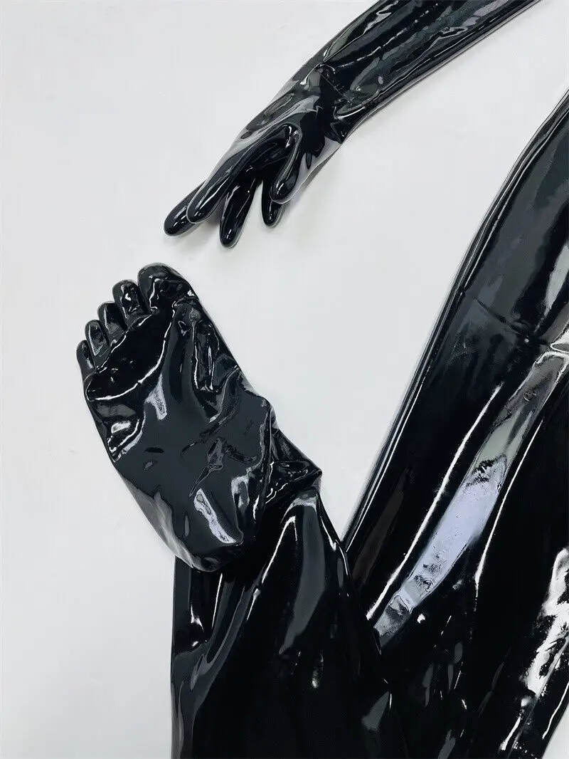 Neck entry Black latex catsuit with gloves toes zip hidden two sheath no zip