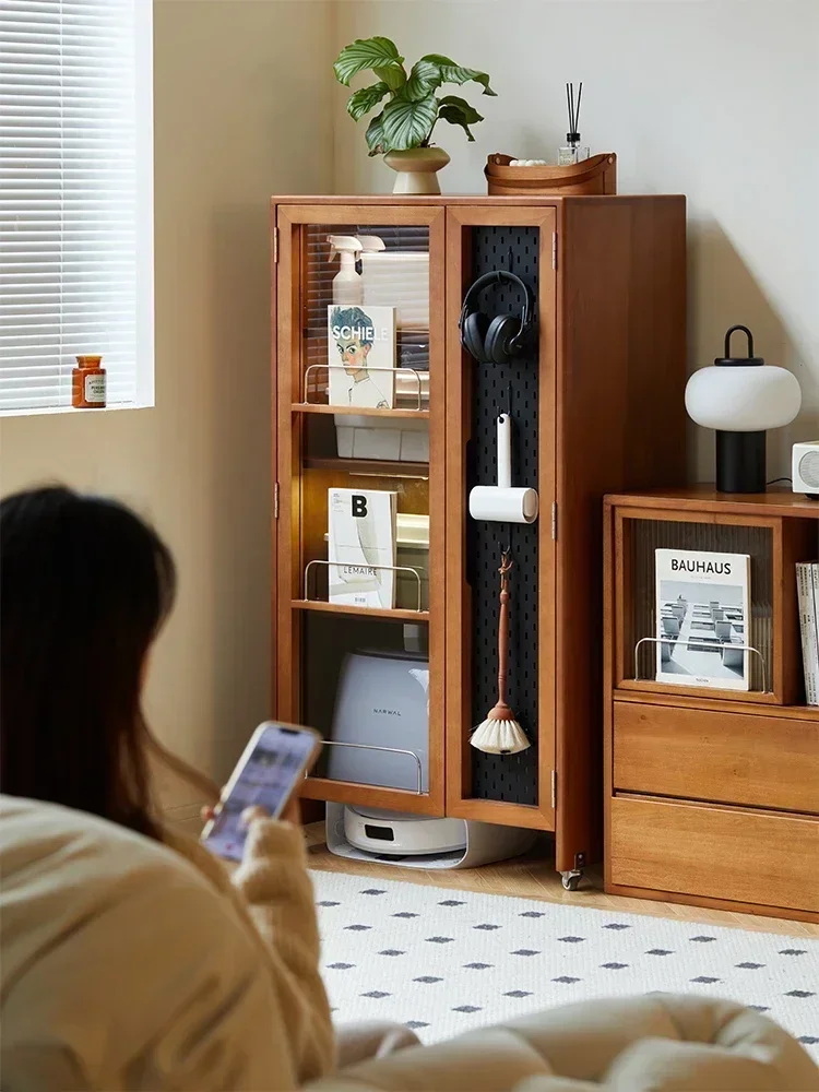 Nordic solid wood housekeeping cabinet retro movable balcony sweeping storage living room locker