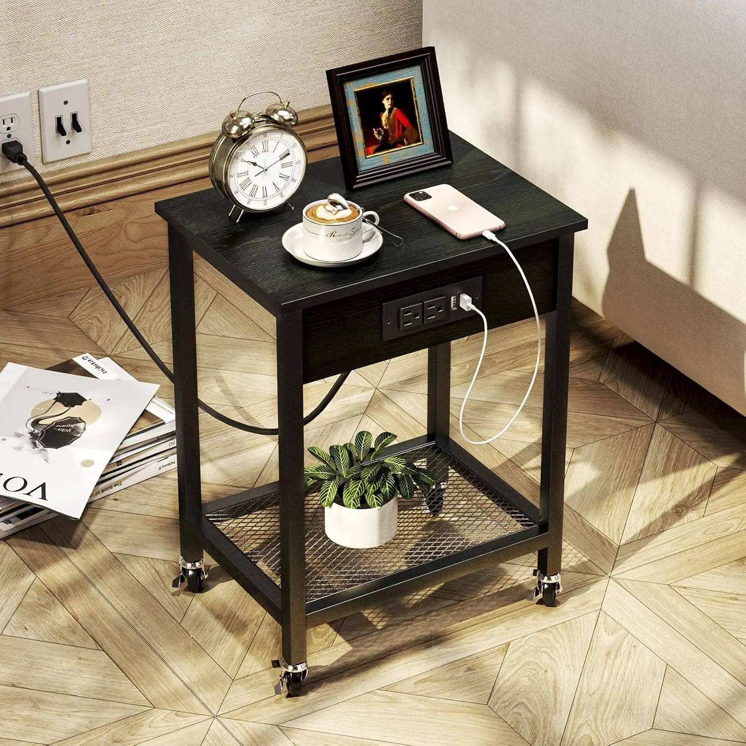 TC-HOMENY End Table Set of 2 with Charging Station & USB Ports, Side Table with Wheels & Storage Shelf Nightstand for Living