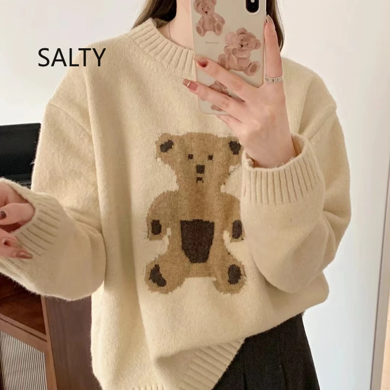 Cartoon Bear O-neck Long-sleeved Sweater Women Winter New Design Sense Cute Loose Vintage Versatile Knitted Tops Female