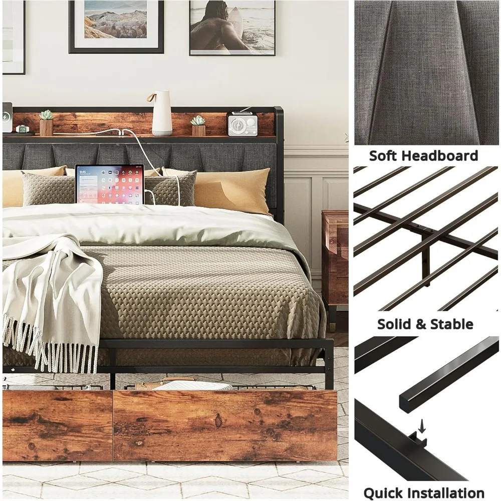 Bed Frame, Storage Headboard with Charging Station, Platform Bed with Drawers, No Box Spring Needed, Easy Assembly