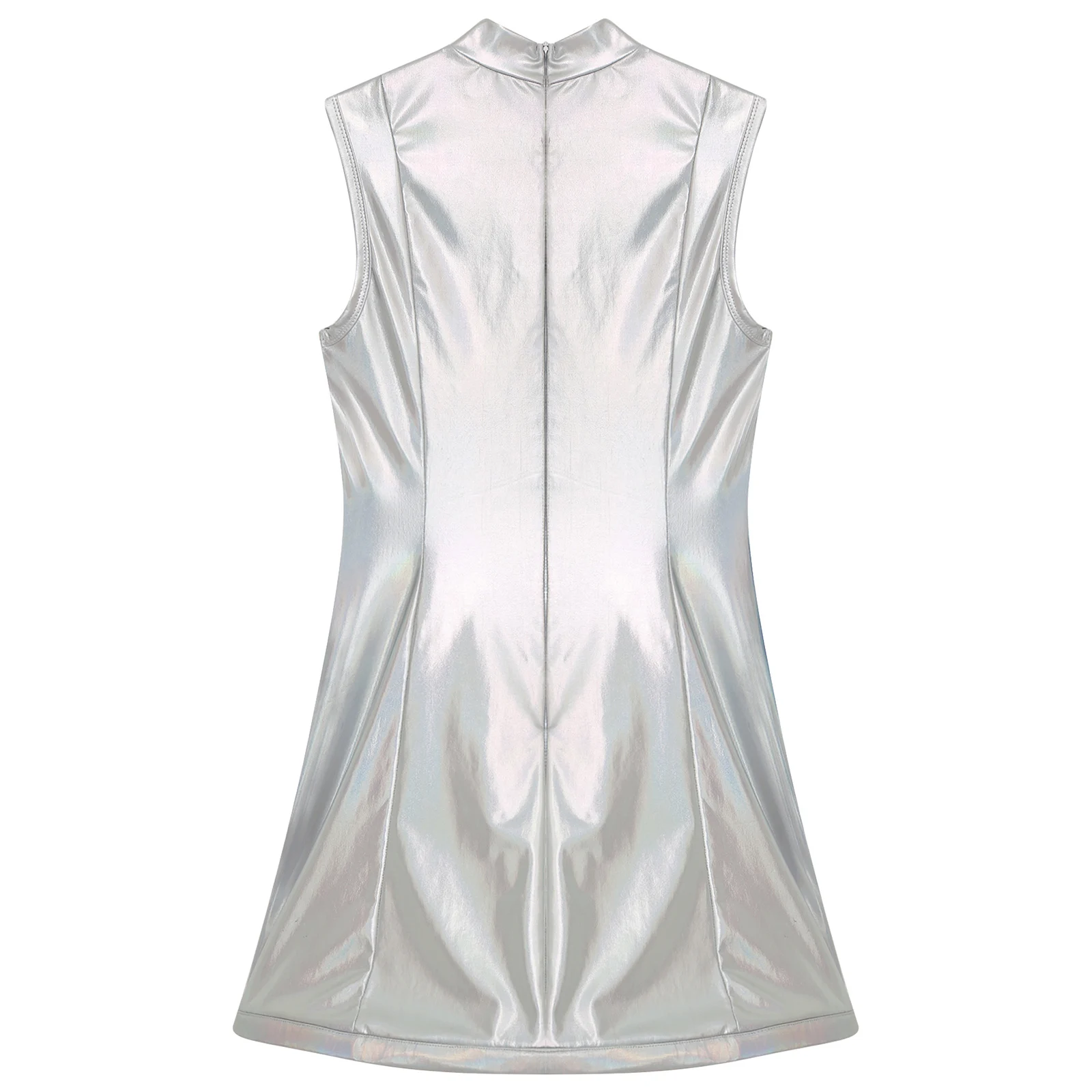 Glanzende metallic jurk voor dames Party High Street mouwloze uitsnijding A-lijn jurk voor Space Fighter Alien verkleedkostuum