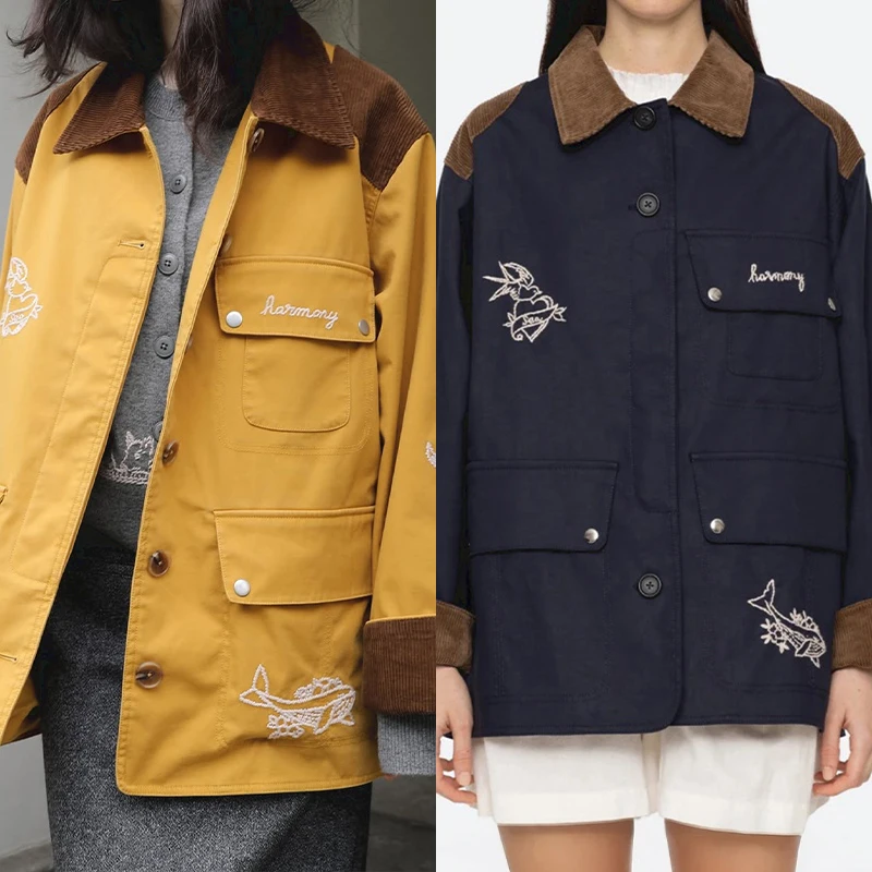 

Французское вельветовое пальто средней длины с вышитым воротником и крупным узором для женщин на осенний сезон