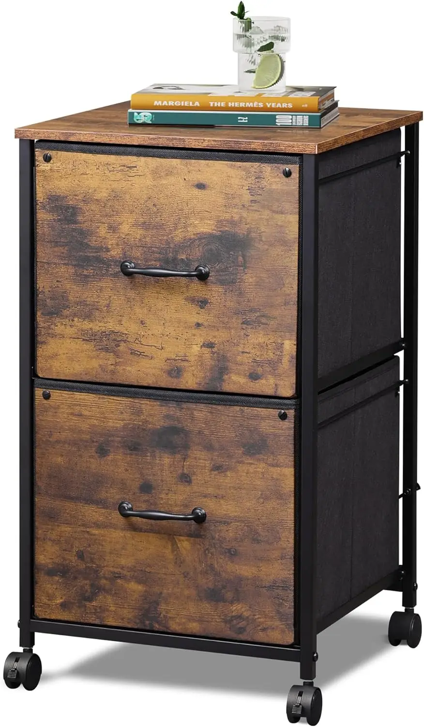 

2 Drawer Mobile File Cabinet Rolling Printer Stand Fabric Vertical Filing Cabinet for Home Office Rustic Brown Wood Grain