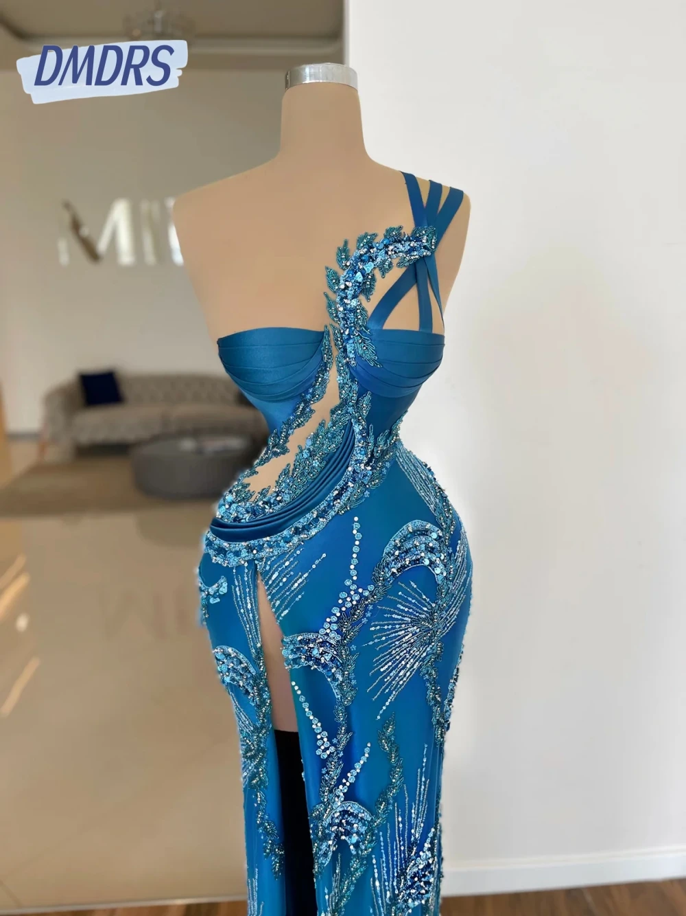 Exquisite One Shoulder Sexy Evening Dress Beaded Straight Cocktail Gown High Slit Formal Occasions Delicate Customized Prom Wear