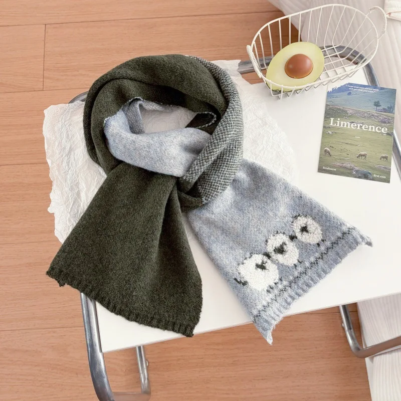 Korean Color Matching Lamb Knitted Scarf Women's Soft Waxy Double-sided Contrasting Colors Long Warm Scarf Fresh and Versatile