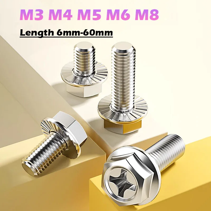 M3 M4 M5 M6 M8 304 Stainless Steel Screws Hexagon Phillips Flange Head Hex Bolts Metric Thread Length 6mm to 60mm