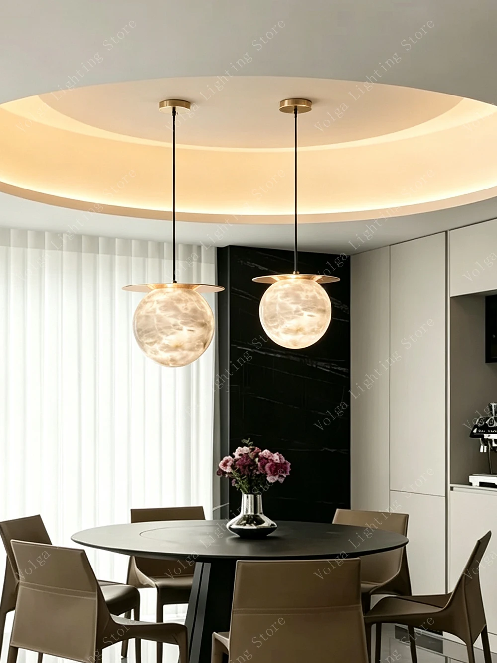 High-end Creative Natural Marble Pendant Lights, Alabaster Sphere Hanging Lamp for Dining Room Kitchen Island Decor
