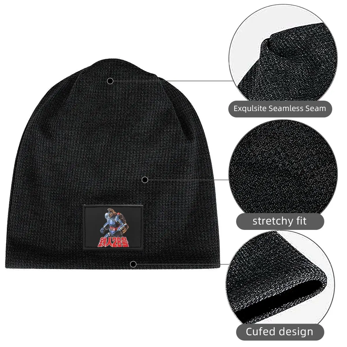 Casual Tetsujin 28 Robot Waffle Knit Fleece Lined Beanie with PU Leather Patch Unisex Warm Winter Soft Cap