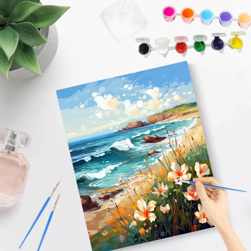 PhotoCustom Diy Painting By Numbers Coast Acrylic Paint On Canvas Modern Landscape Picture By Numbers For Adults