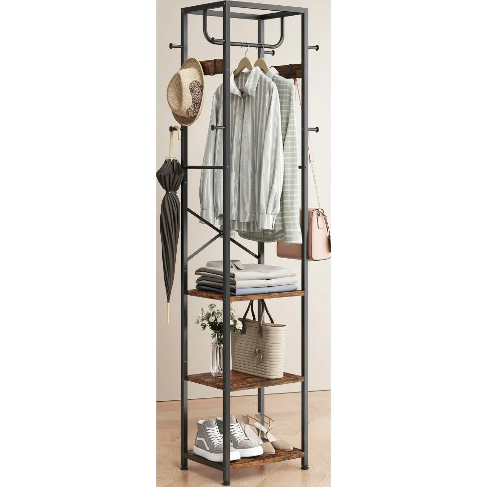 

Industrial Coat Rack with 3 Shelves & 12 Hooks, Freestanding Hall Tree Organizer for Bedroom Entryway Office